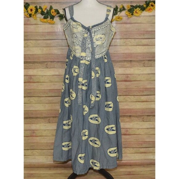 Hand Made Blue & Beige Nautical Coastal Sundress Size L Embroidered Bird Pattern - Picture 1 of 14